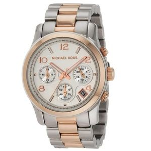 MICHAEL KORS Silver Rose Gold Chronograph Runway Watch New Battery Ready to Wear